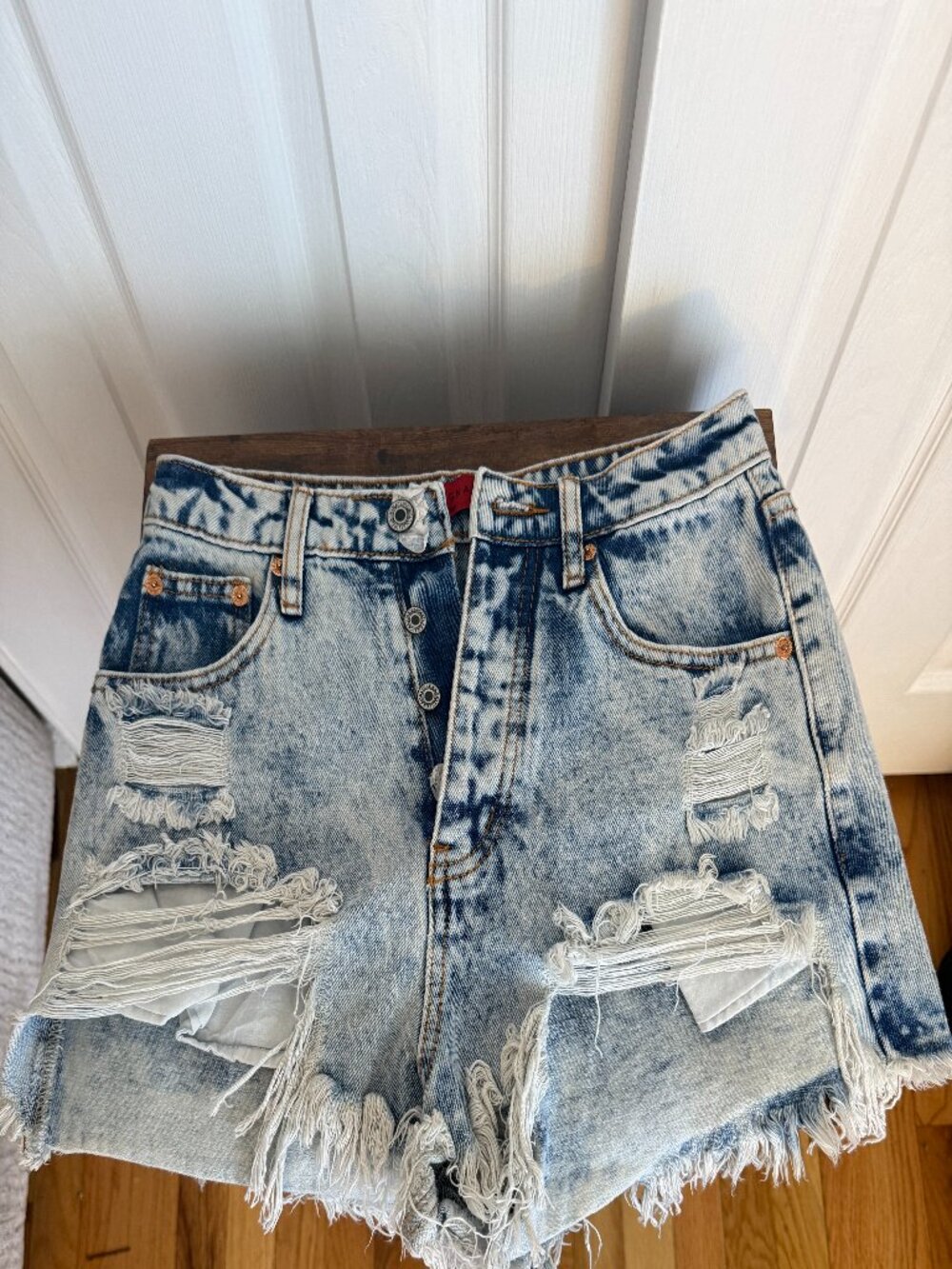 Acid Wash Destroyed Denim High Waist Shorts- Small